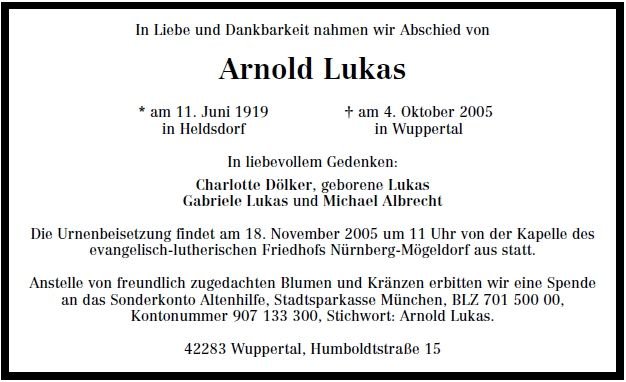 Lukas Arnold 1919-2005 Todesanzeige